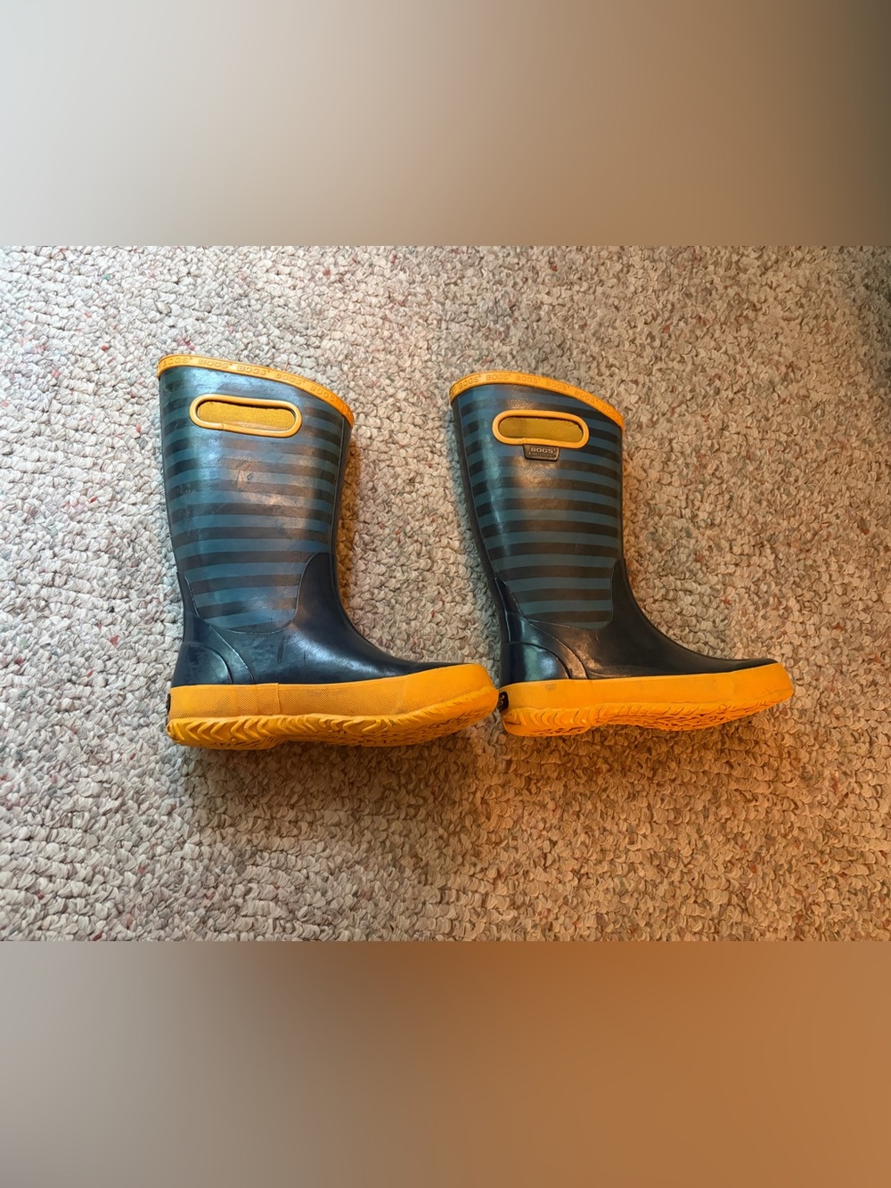 Bogs Kids Navy Striped Rain Boots with Yellow Soles